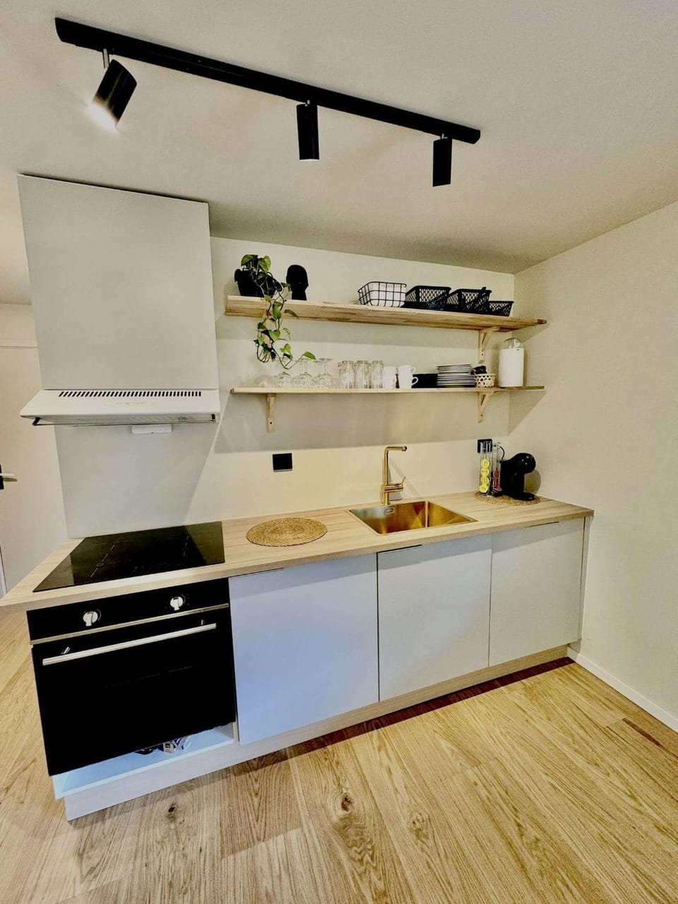 Kitchen or kitchenette, stove
