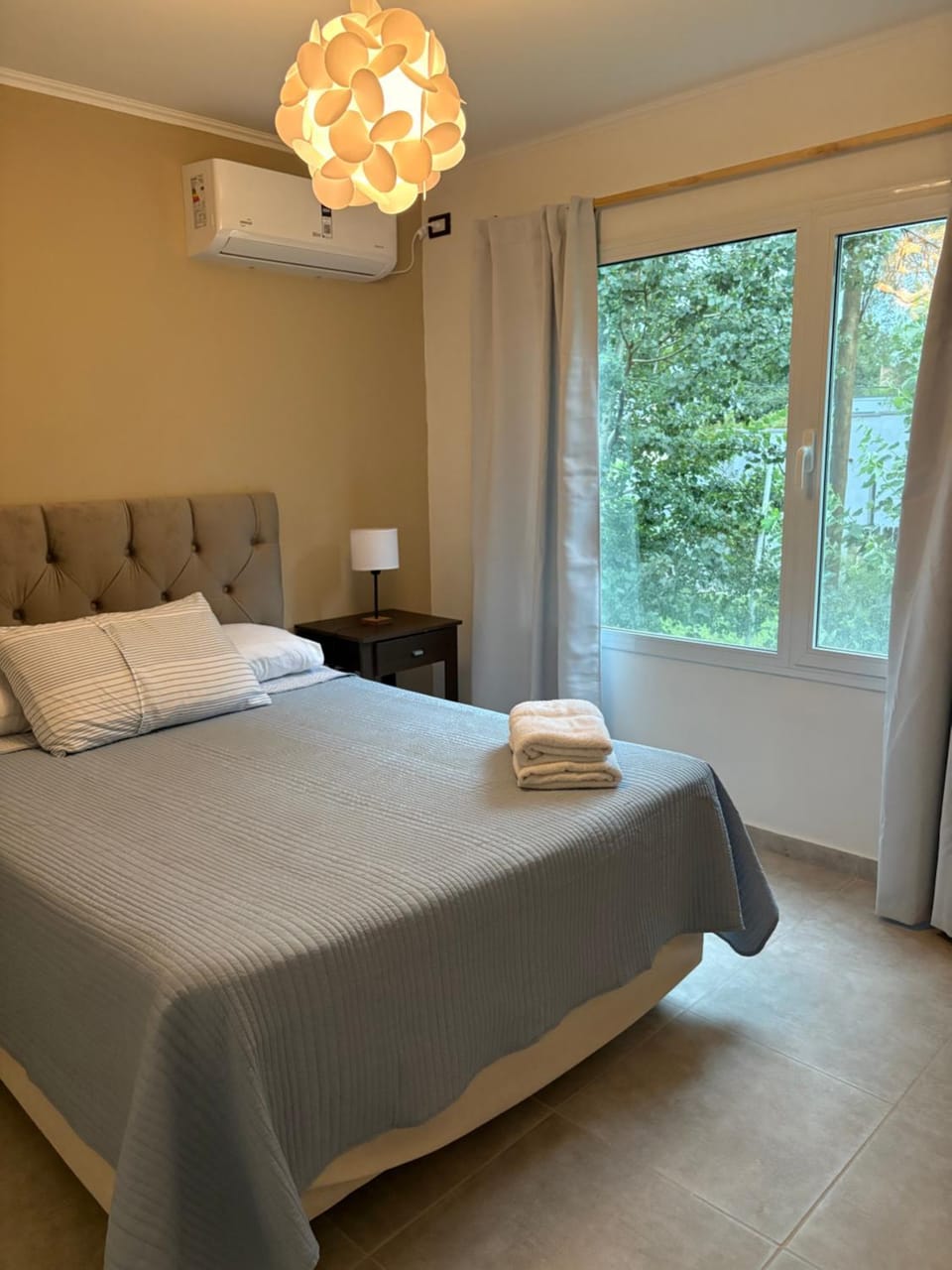 Bed, Photo of the whole room, Bedroom, towels, air conditioner