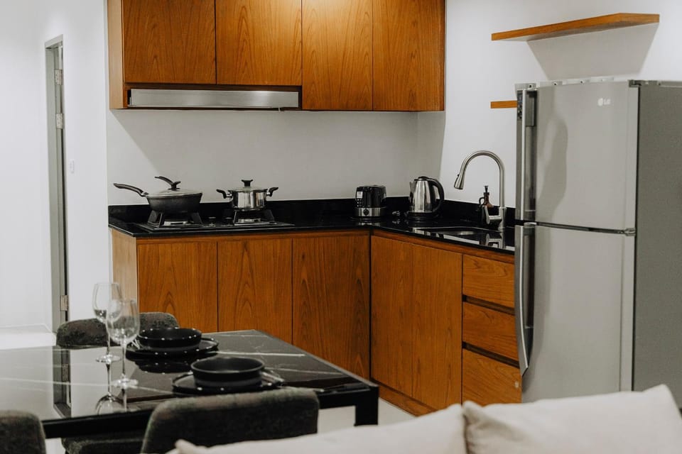 Kitchen or kitchenette, stove