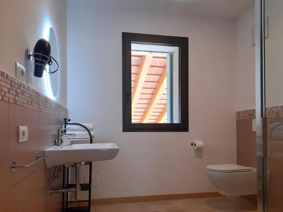 Shower, Toilet, Bathroom, hair dryier, towels