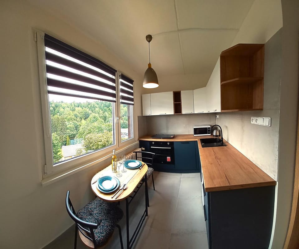 Kitchen or kitchenette, stove