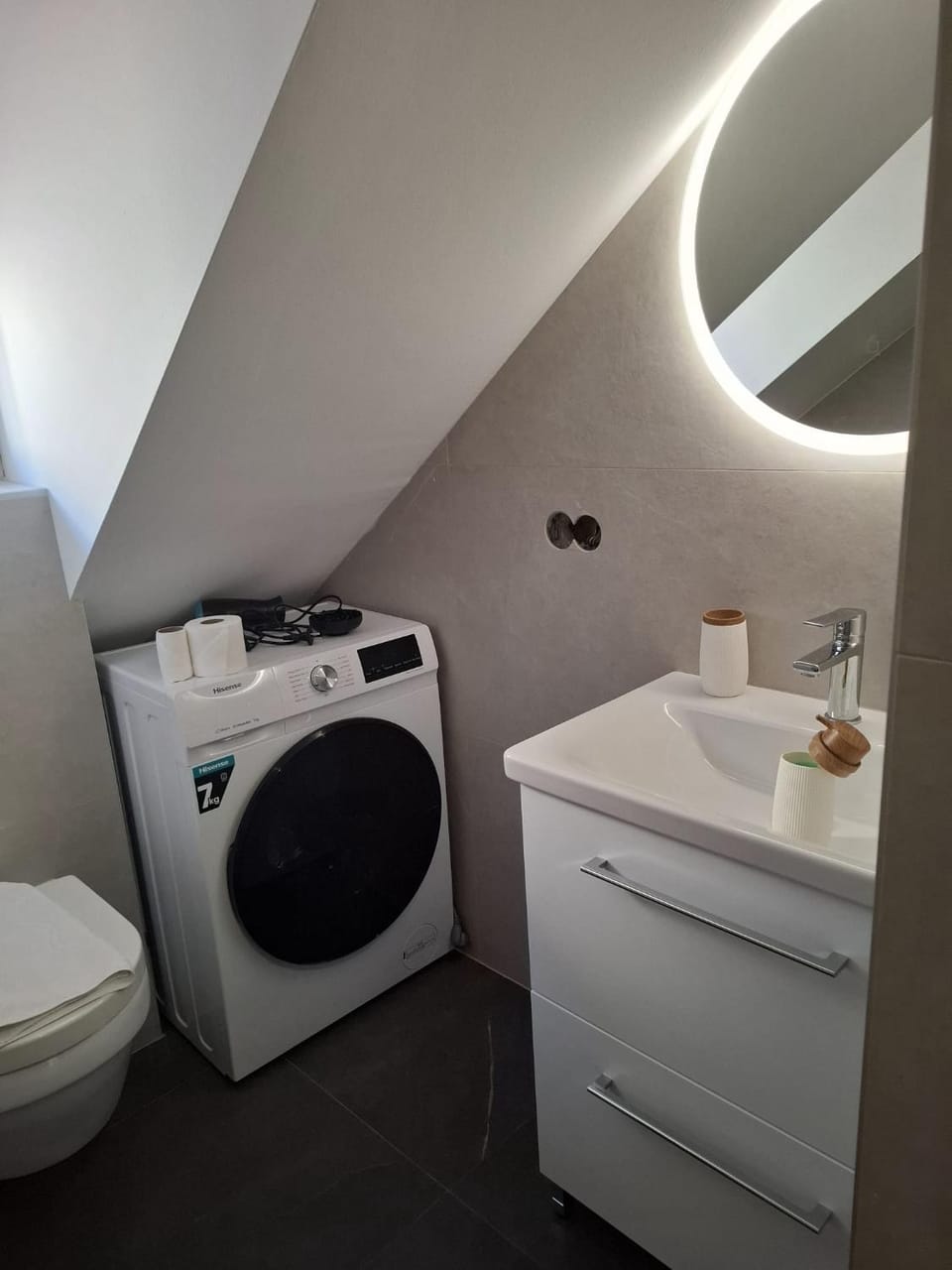 Bathroom, washing machine, dryer