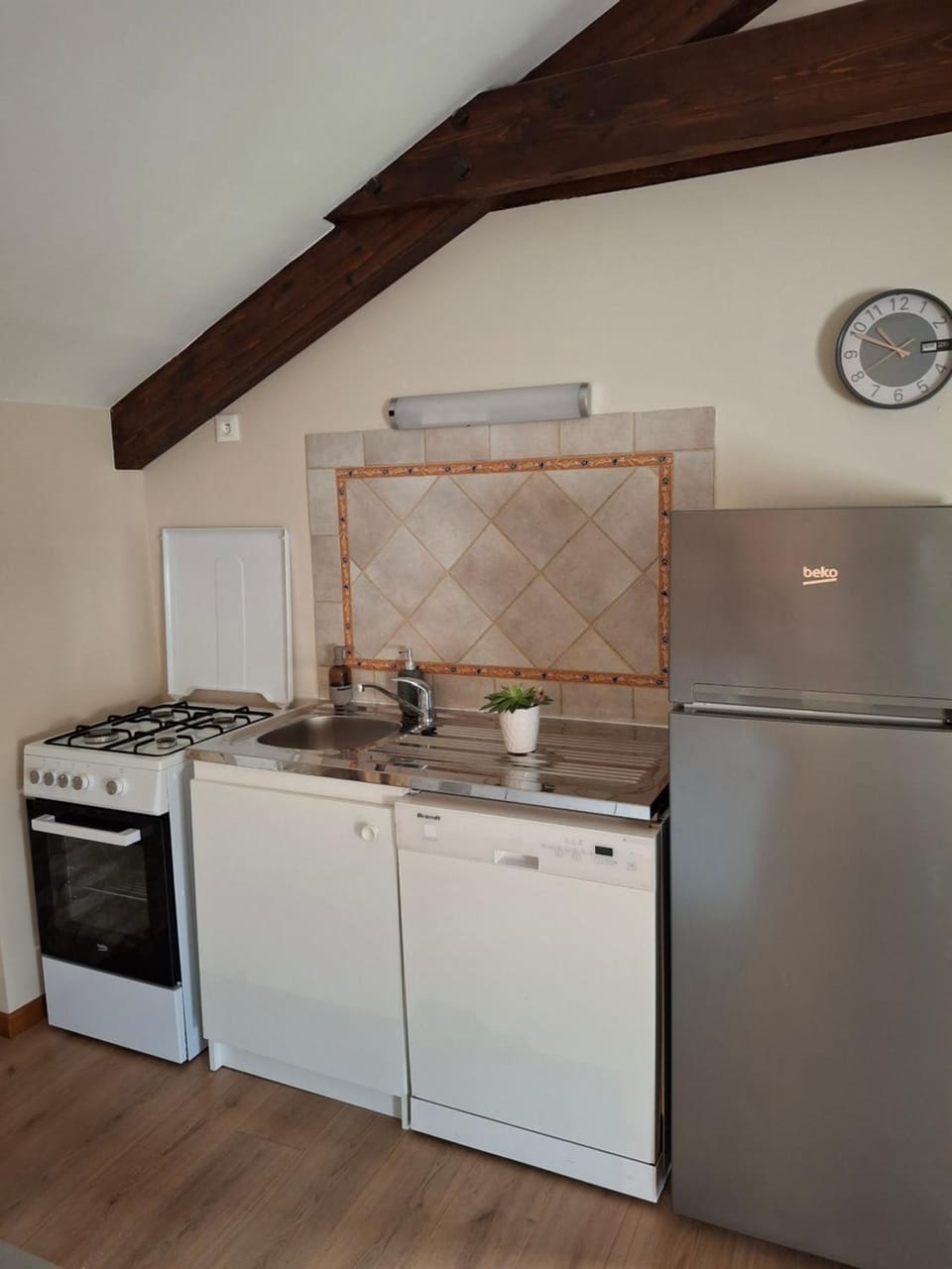 Kitchen or kitchenette, dishwasher, oven, stove