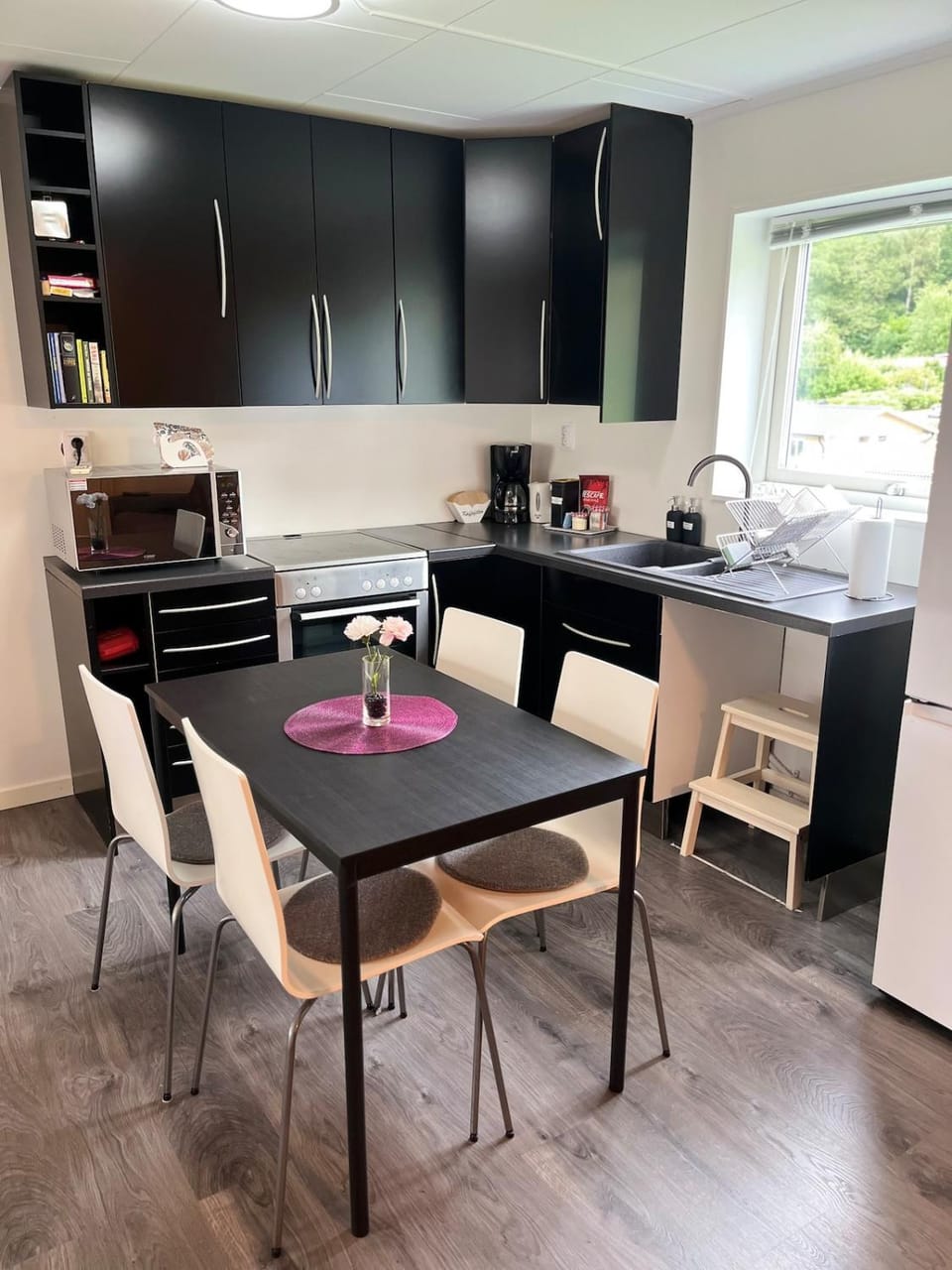 Coffee/tea facilities, Kitchen or kitchenette, Dining area, oven, stove