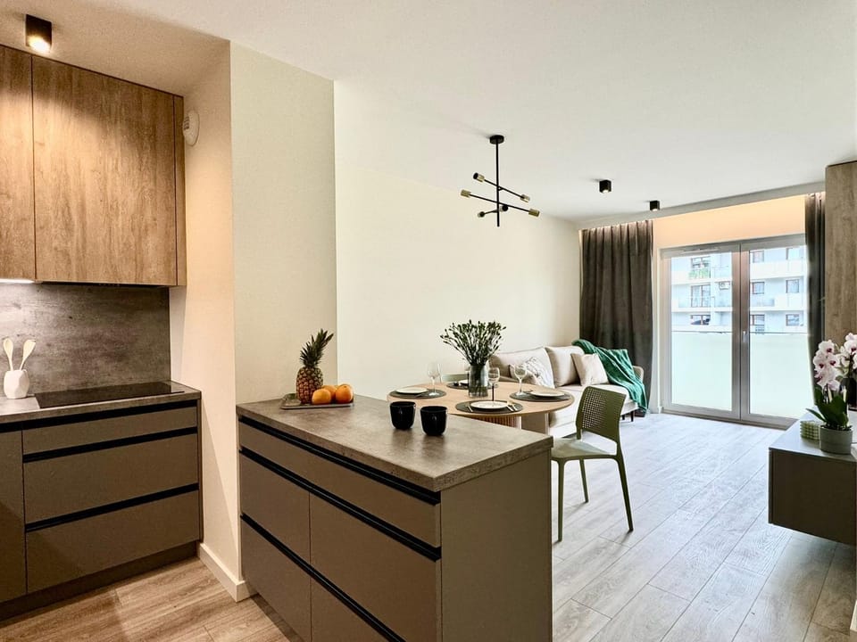 Kitchen or kitchenette, Living room, Seating area, Dining area