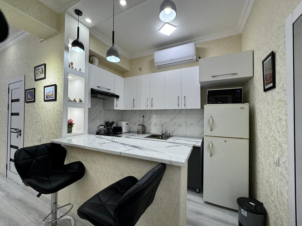 Kitchen or kitchenette, Dining area, minibar, oven, air conditioner