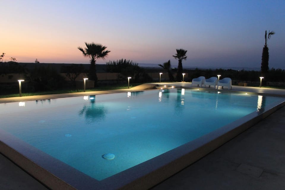 Night, Pool view, Swimming pool, Sunset, sunbed