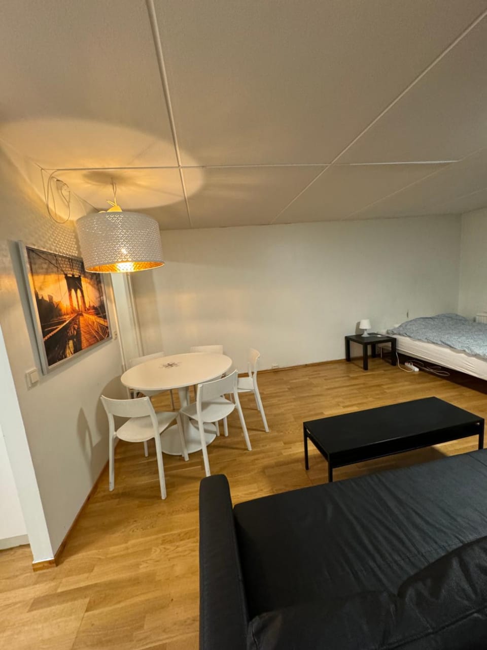 Bed, Living room, Seating area, Dining area