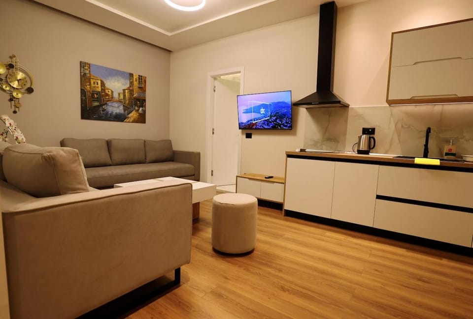 TV and multimedia, Coffee/tea facilities, Kitchen or kitchenette, Living room, Decorative detail, Seating area, Bedroom, furniture, internet, stove, air conditioner