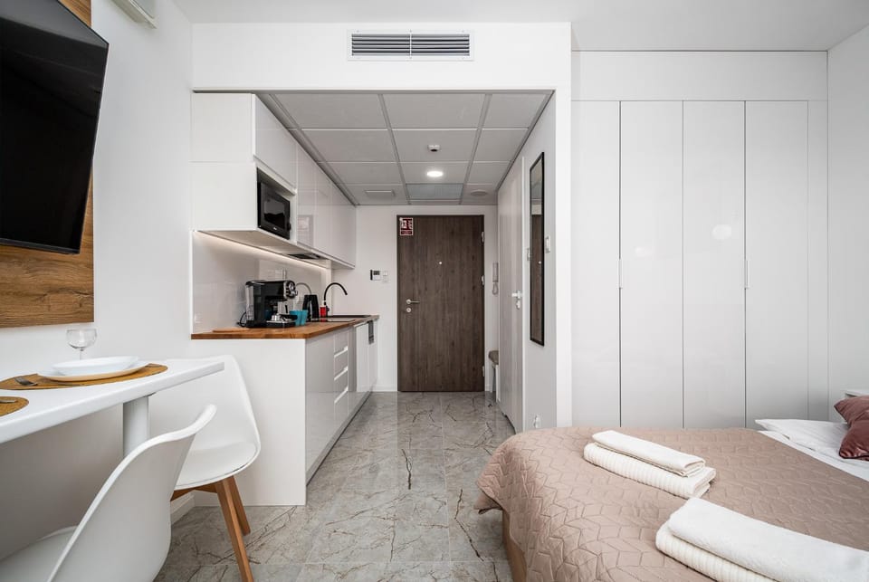 Bed, TV and multimedia, Kitchen or kitchenette, Photo of the whole room, wardrobe
