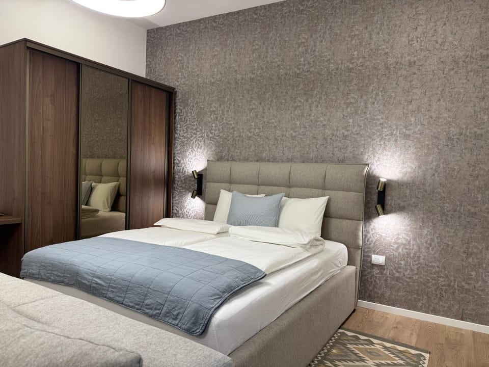 Bed, wardrobe
