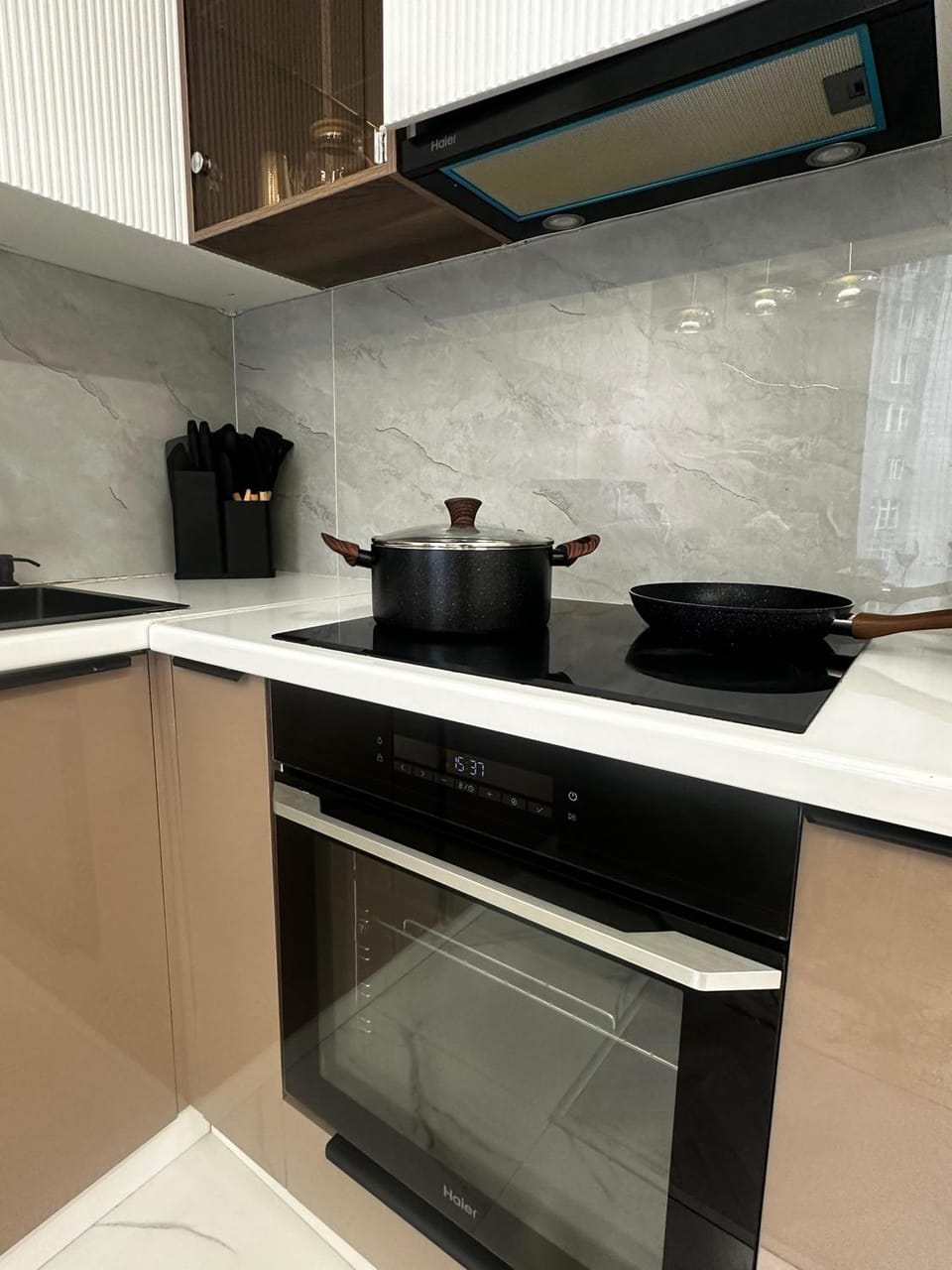 Kitchen or kitchenette, stove