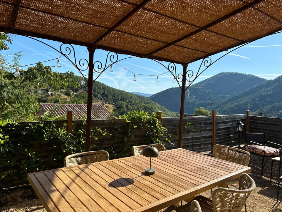 Property building, Patio, Day, View (from property/room), Balcony/Terrace, Dining area, Mountain view