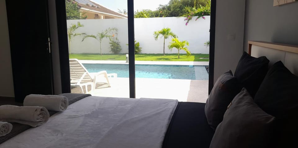 Bed, Bedroom, Pool view, towels
