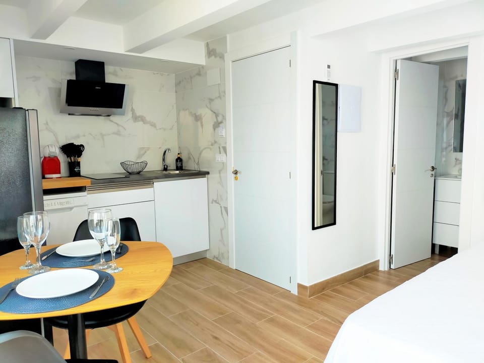 Bed, TV and multimedia, Kitchen or kitchenette, Photo of the whole room, Dining area, Bedroom, oven