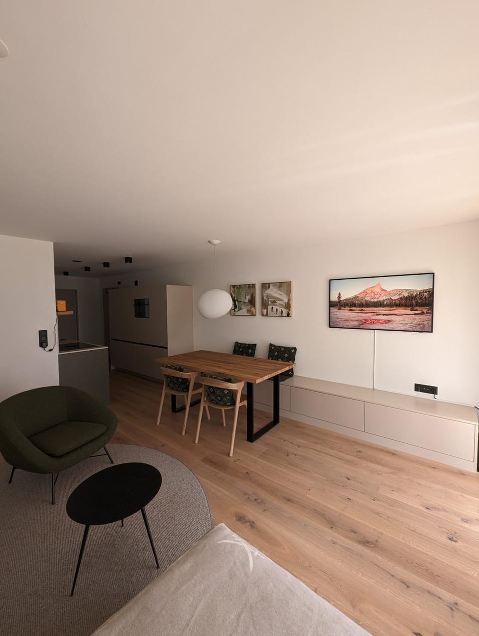 Kitchen or kitchenette, Living room, Seating area, Dining area, oven