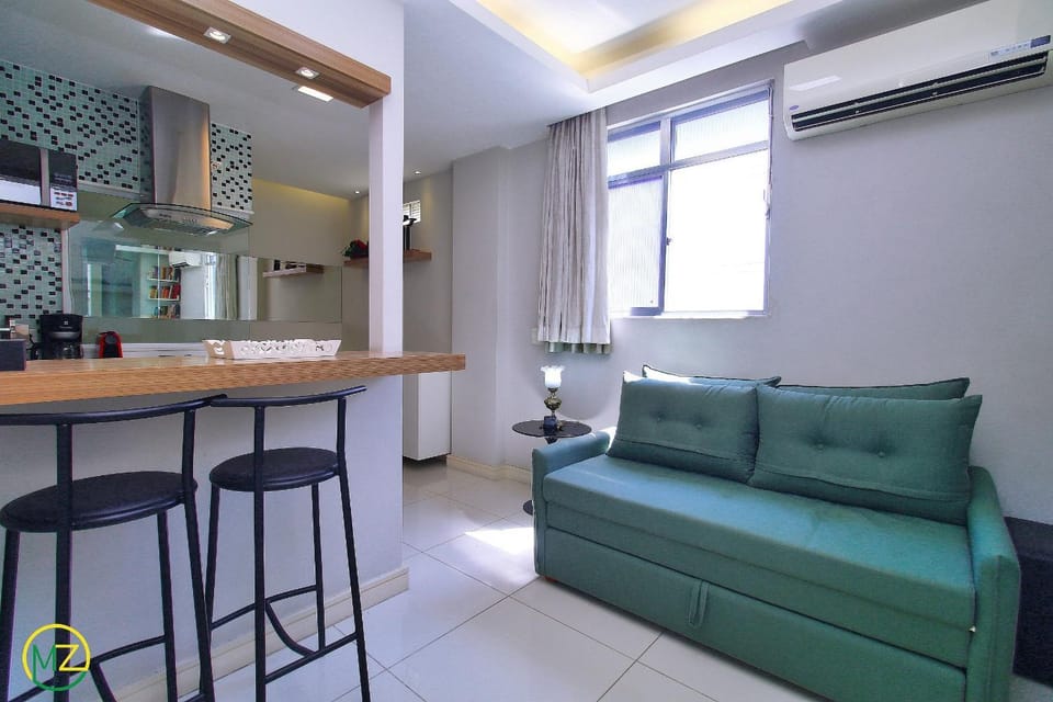 Modern living room and bedroom at post 4 in Copa Apartment in Rio de Janeiro