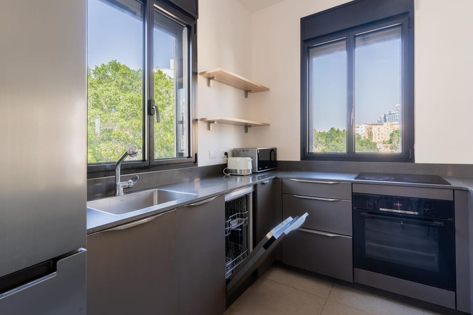 Kitchen or kitchenette, dishwasher, stove