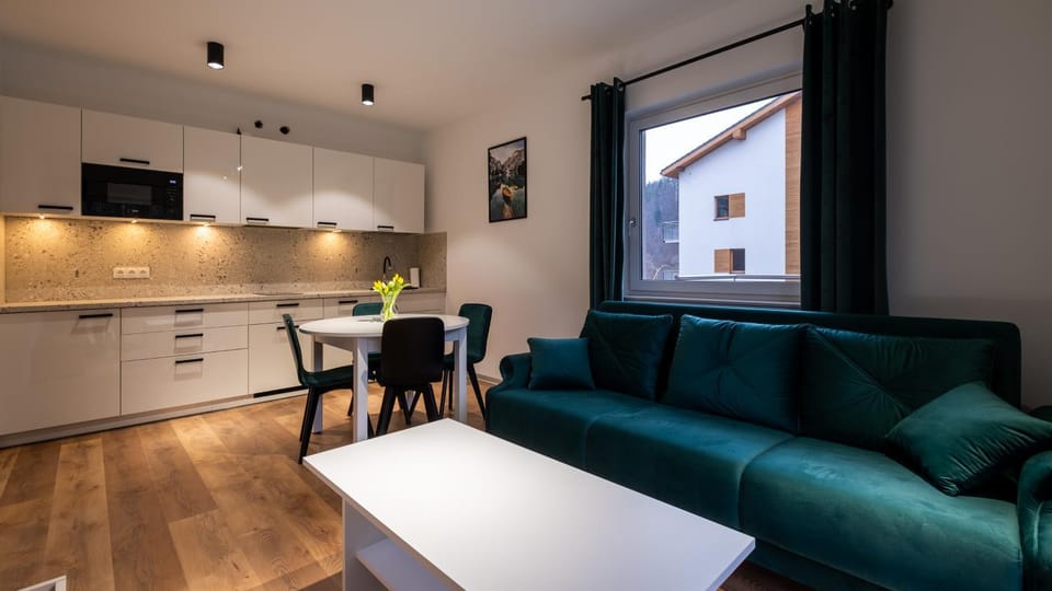 Kitchen or kitchenette, Living room, Seating area, Dining area