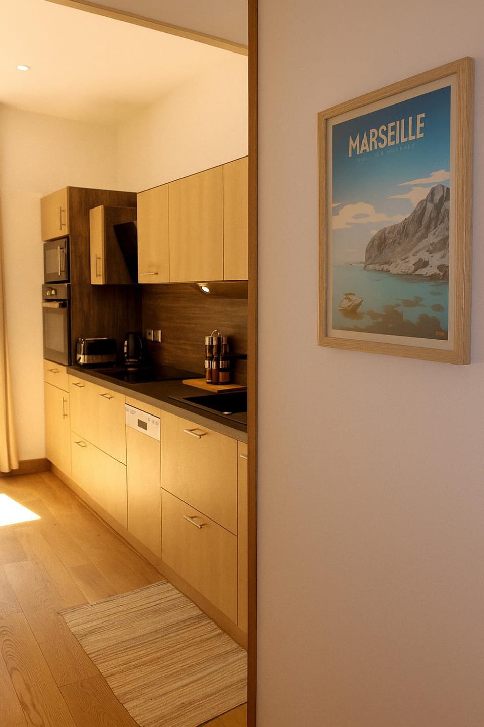 Kitchen or kitchenette, stove