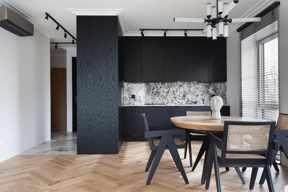 Kitchen or kitchenette, Living room, Seating area, Dining area