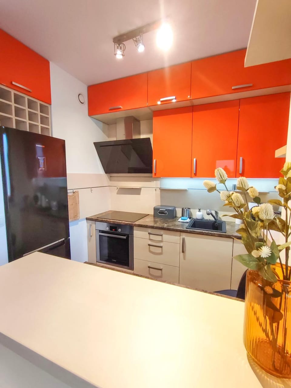 Kitchen or kitchenette, oven, stove