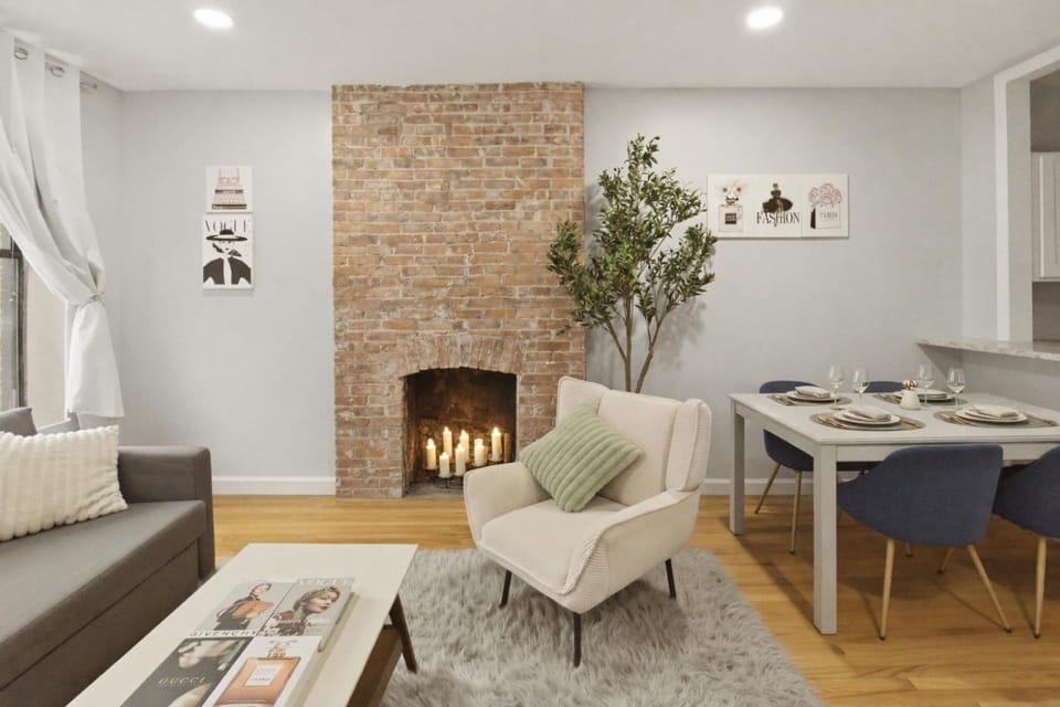 Kitchen or kitchenette, Living room, Seating area, Dining area, fireplace