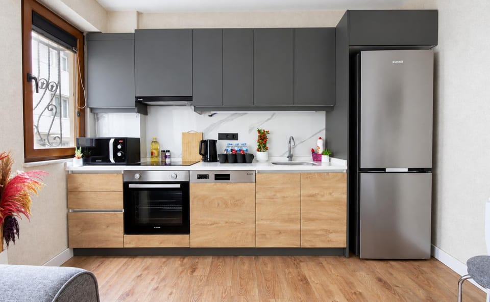 Kitchen or kitchenette, dishwasher, oven, stove