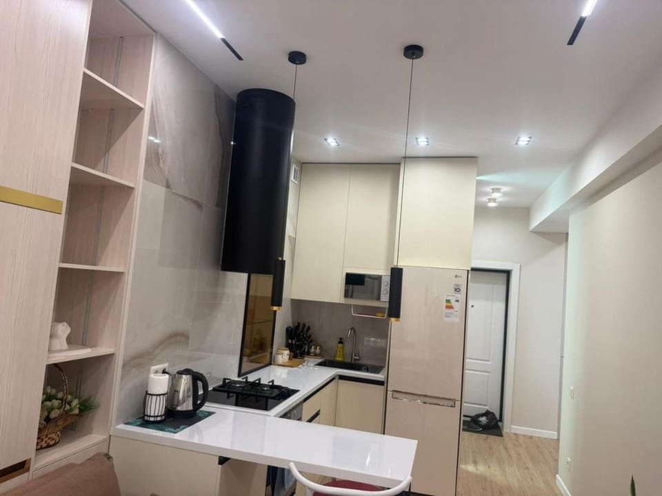 Kitchen or kitchenette, Dining area, microwave, oven, stove, air conditioner