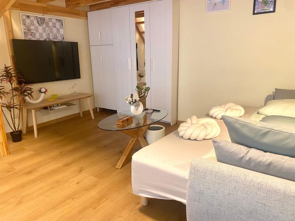 Bed, TV and multimedia, Living room, Seating area, Bedroom