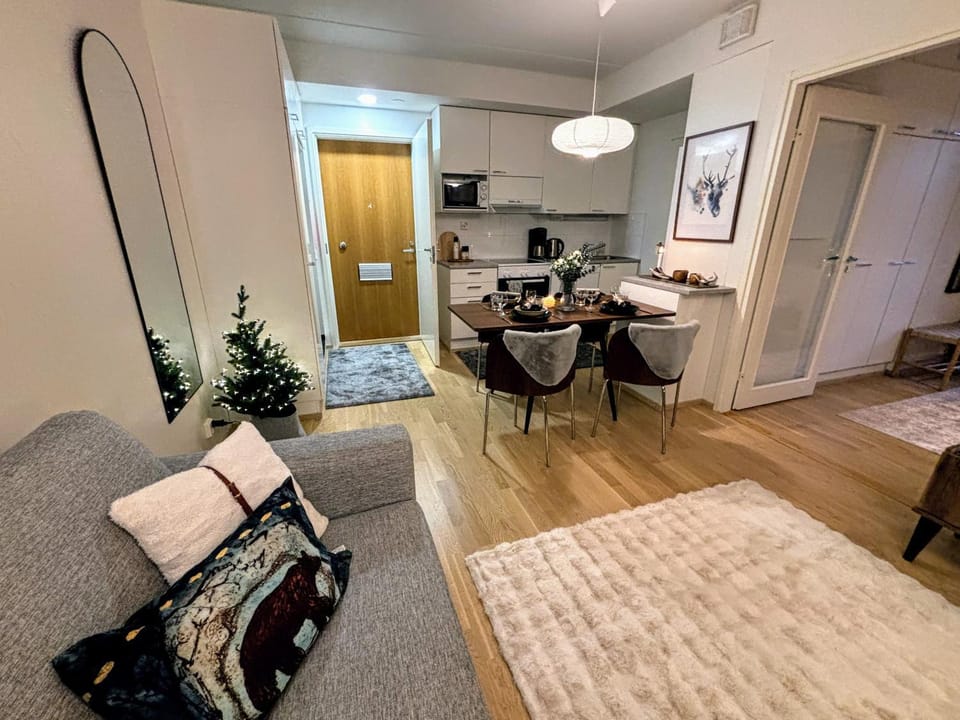 Kitchen or kitchenette, Living room, Seating area, Dining area