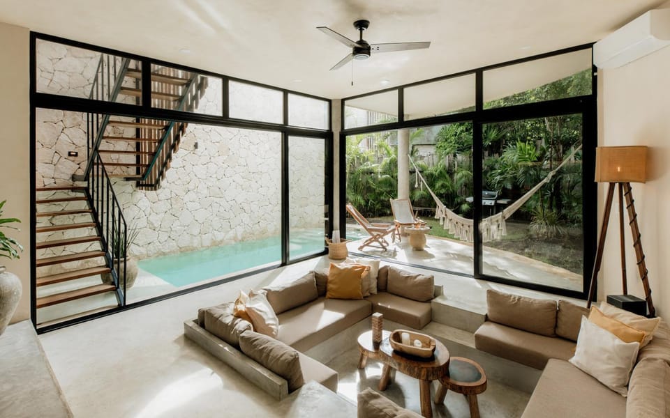 Patio, Living room, Seating area, Pool view, Swimming pool