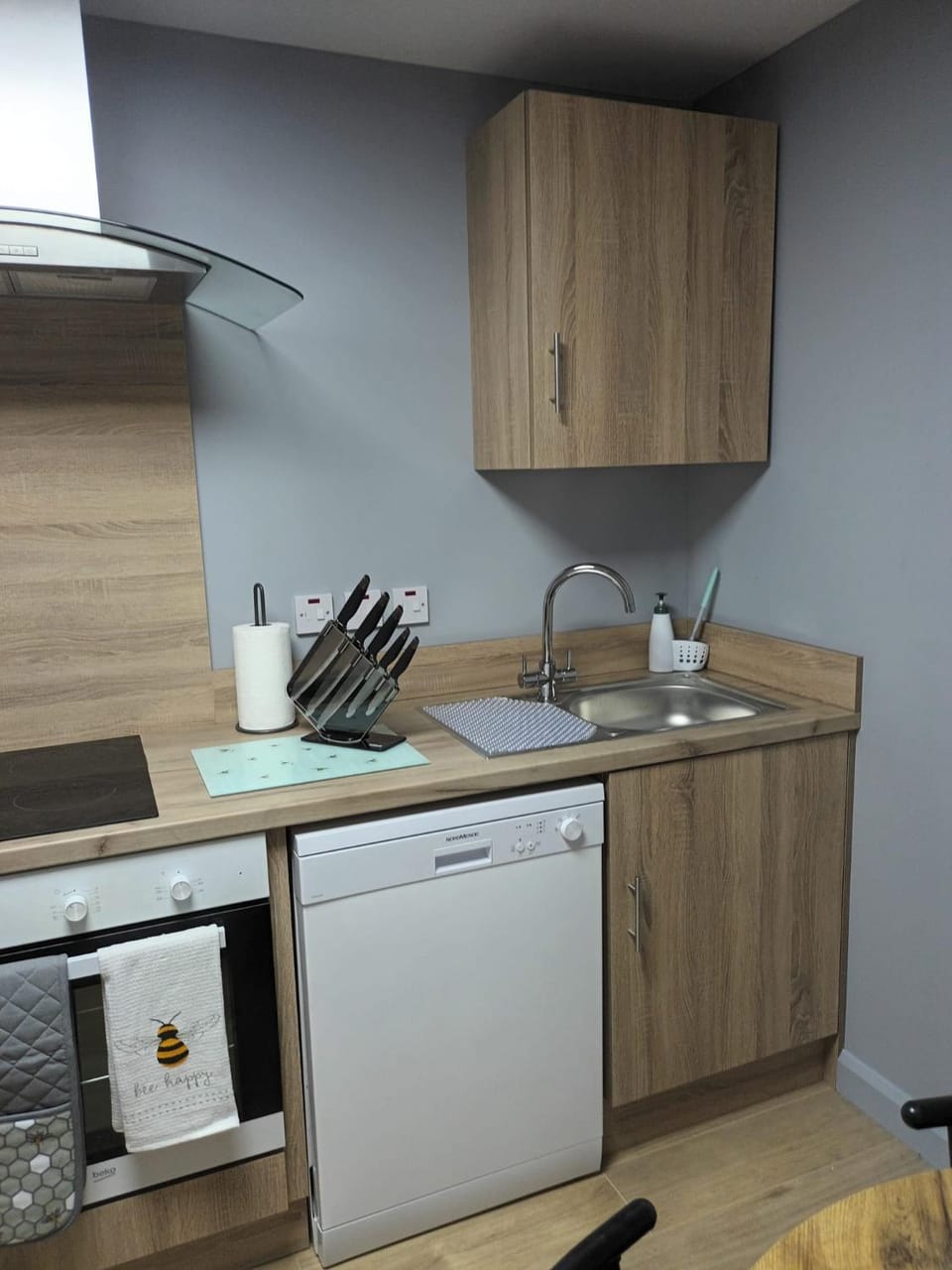 Kitchen or kitchenette, dishwasher, stove