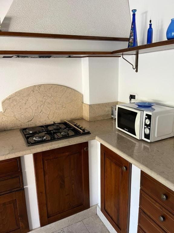 Kitchen or kitchenette, microwave, stove