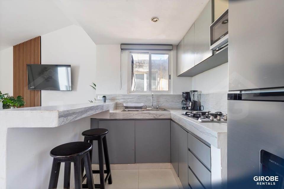 Kitchen or kitchenette, stove