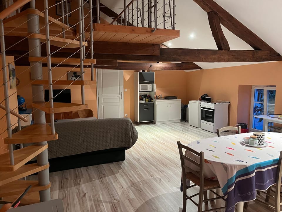 Kitchen or kitchenette, Living room, Dining area, oven, stove