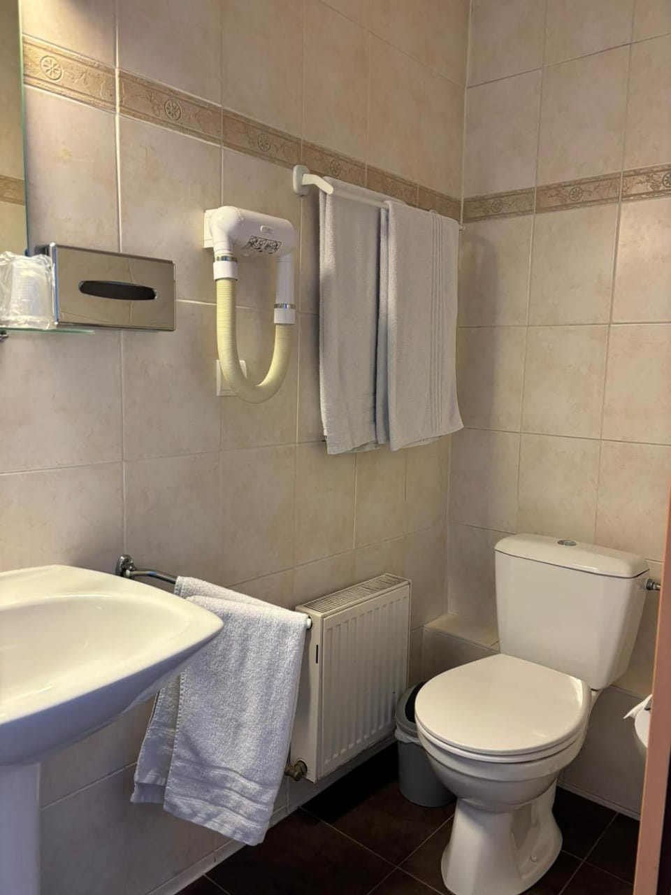 Toilet, Bathroom, hair dryier, towels