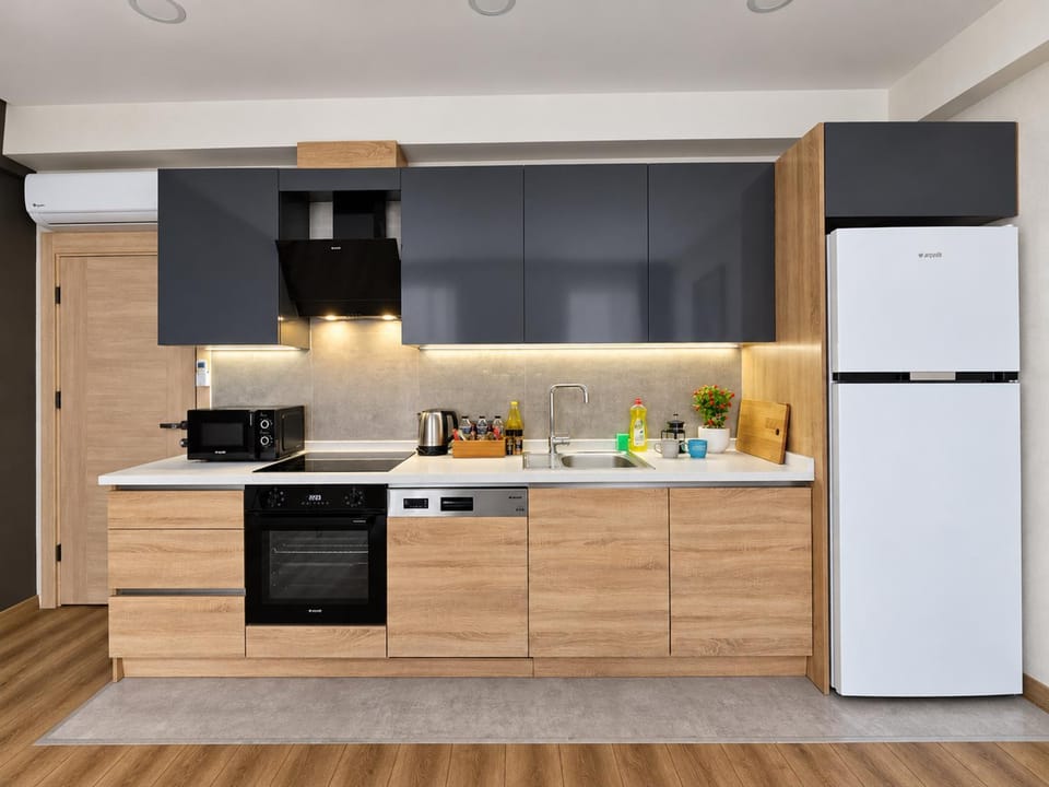 Kitchen or kitchenette, dishwasher, oven, stove