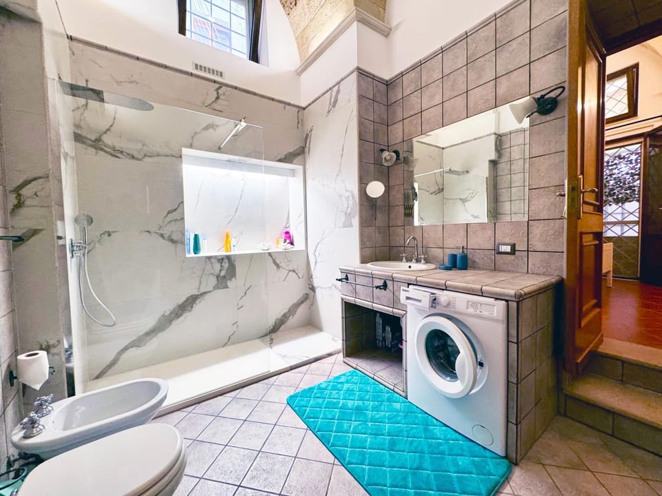Shower, Toilet, Bathroom, Bath, towels, washing machine, dryer