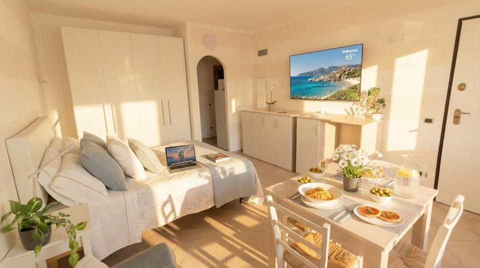Bed, Natural landscape, TV and multimedia, Kitchen or kitchenette, Living room, Food and drinks, Photo of the whole room, Seating area, Dining area, Bedroom, Food, Sea view, Breakfast, Continental breakfast, minibar