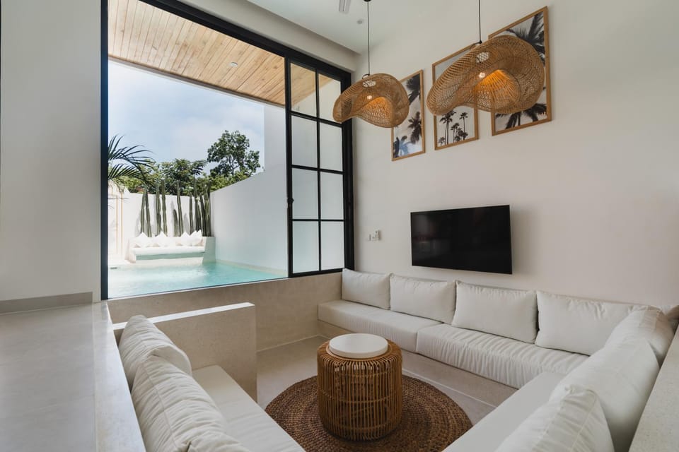 Living room, Seating area, Pool view
