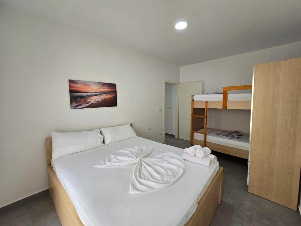 Bed, Photo of the whole room, Bedroom, bunk bed, towels, wardrobe