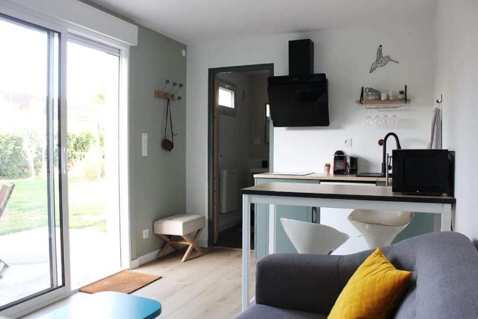 Kitchen or kitchenette, Living room, Seating area, Dining area
