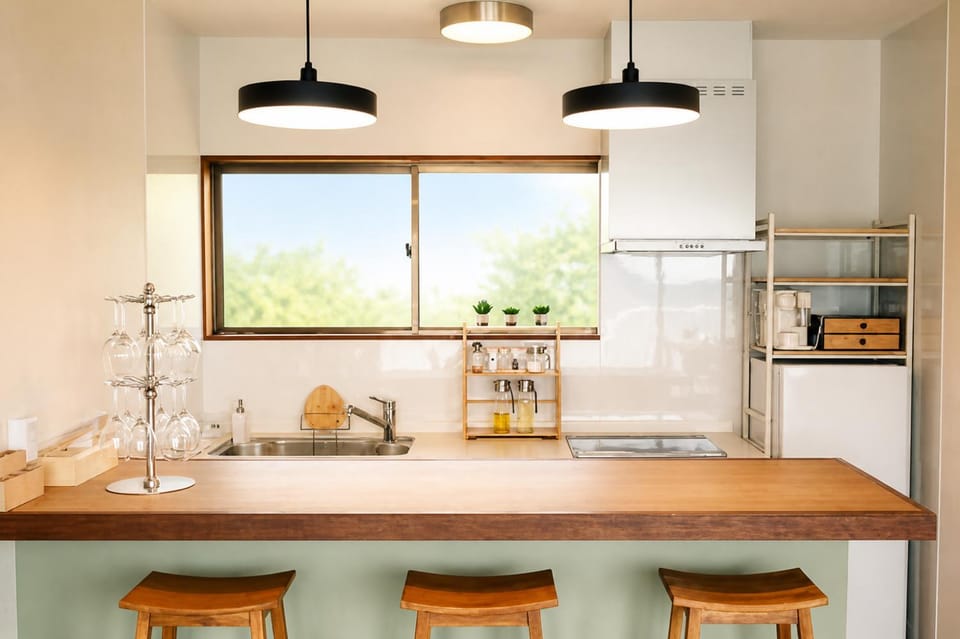 Kitchen or kitchenette, stove