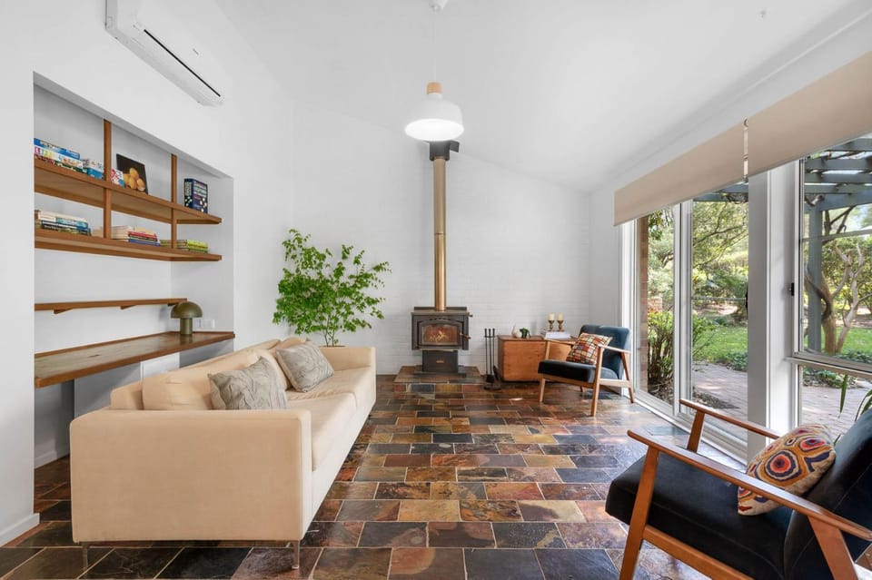 Patio, Living room, Seating area, fireplace