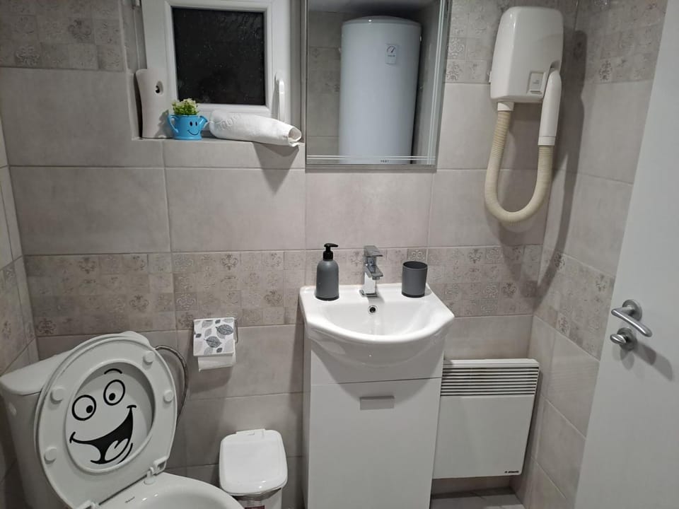 Toilet, Bathroom, hair dryier, heating, towels