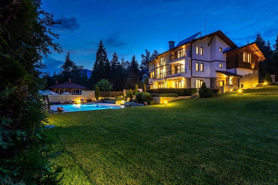 Property building, Night, Natural landscape, Garden, Garden view, Pool view, Swimming pool