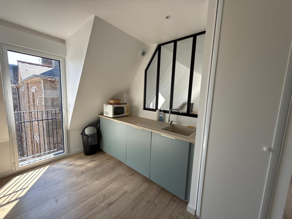 Kitchen or kitchenette, microwave