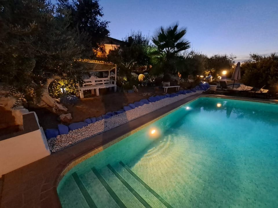 Night, Pool view, Swimming pool, sunbed
