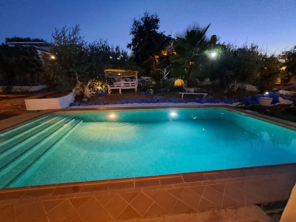 Night, Pool view, Swimming pool, sunbed